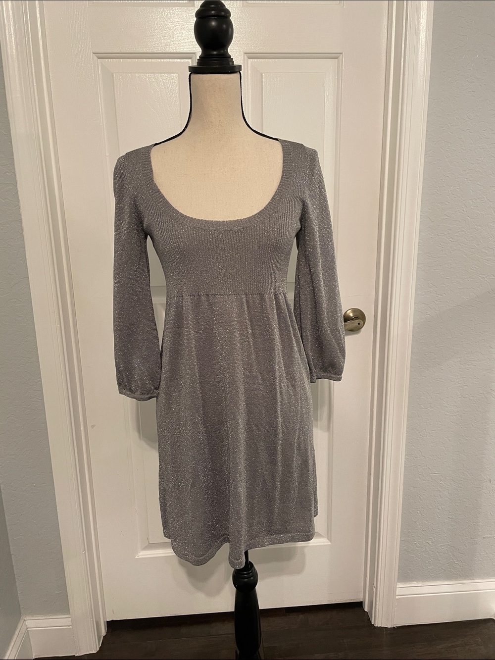 White House Black Market Silver Scoop-Neck Long Sleeve Sparkle Dress